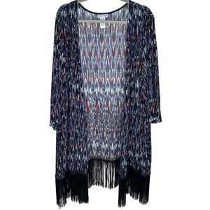 Catherines Womens 2X Fringe Hem Multicolor Open Front Cardigan Kimono Comfort